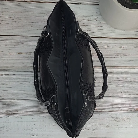 BLACK LEATHER & CROCHET PATCHWORK SMALL HANDBAG - Picture 7 of 10